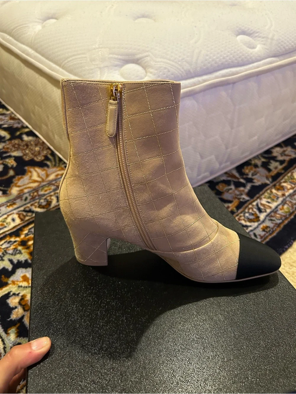 Brand New in a box CHANEL Beige Quilted Ankle Boots with Black Cap Toe Size 8M